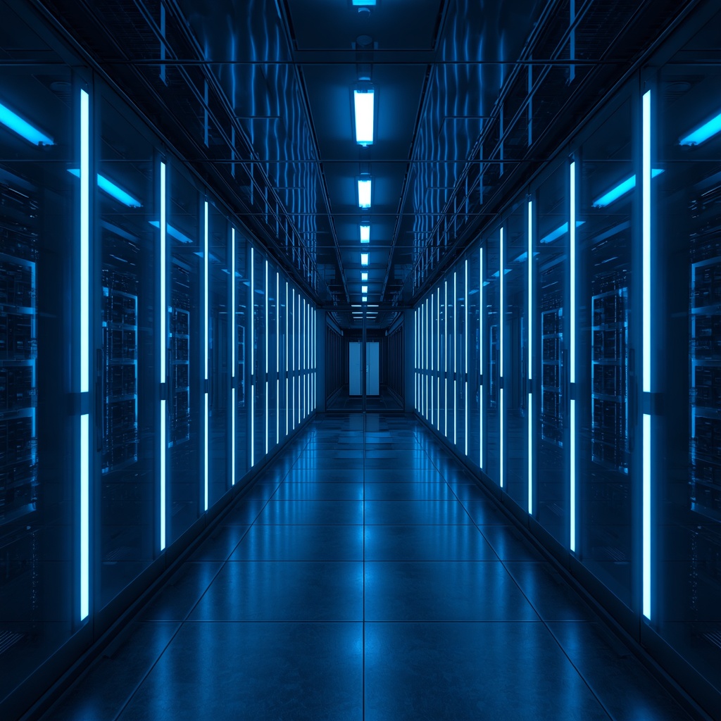 A highly advanced server room with glowing blue neon lights, glass panels, cinematic cyberpunk lighting, realistic 8k resolution.